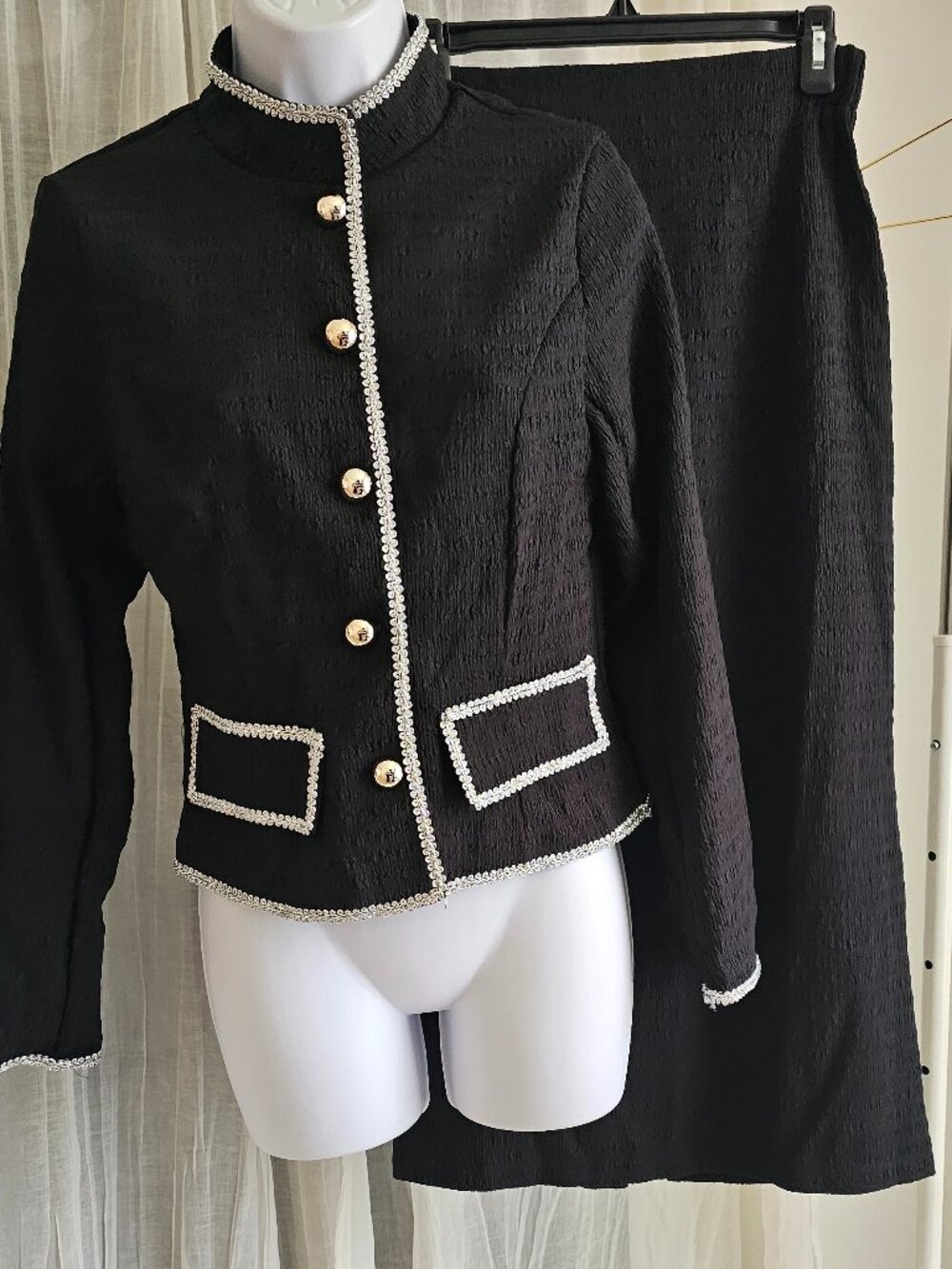 Women's 2 Piece Tweed Long Sleeve Button Blazer Midi Skirt Set Black Size XS N